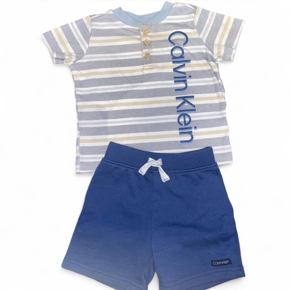 Calvin Klein Blue and Gray Striped Baby Set